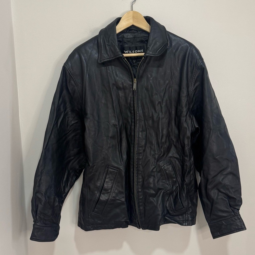Wilsons The Leather Experts Mens Black Leather Full Zip Bomber Jacket Size M